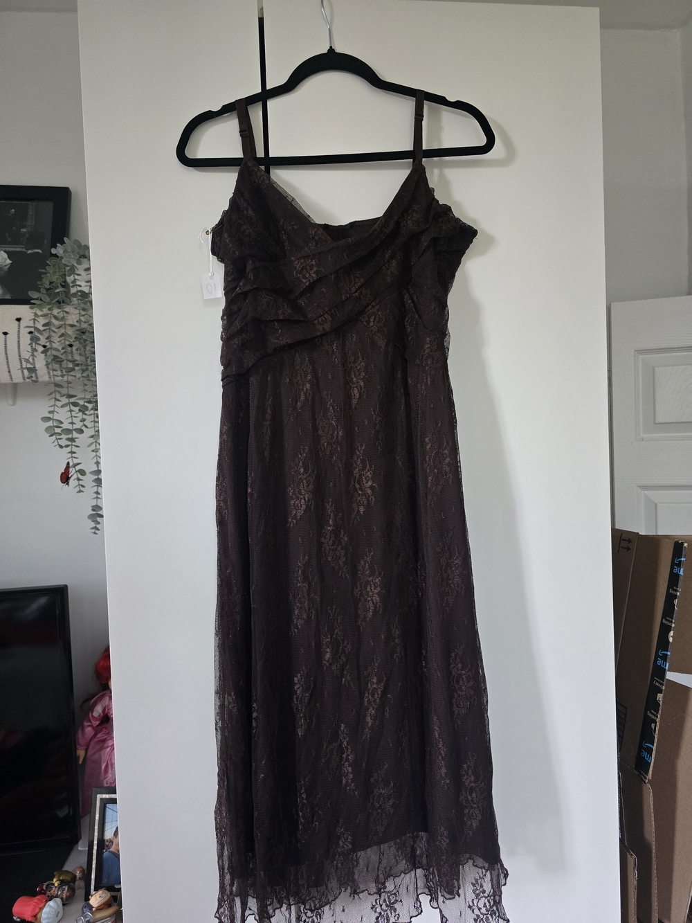Women's Brown Lace Slip Dress - Classic Spaghetti Strap
